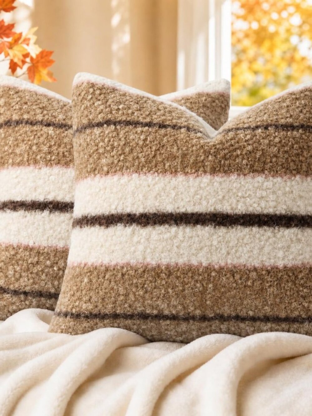 Faux Fur Striped Throw Pillow Covers 18X18 Set of 2 Cocoa Brown